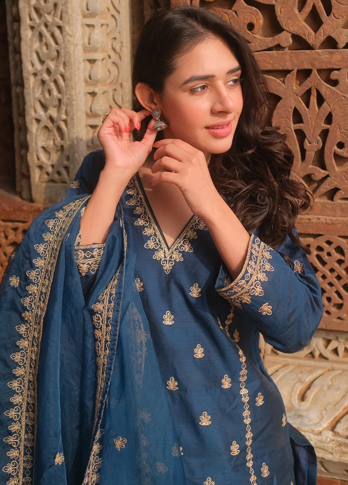 3 Pc Blue Readymade Viscose Dupatta Suit Set