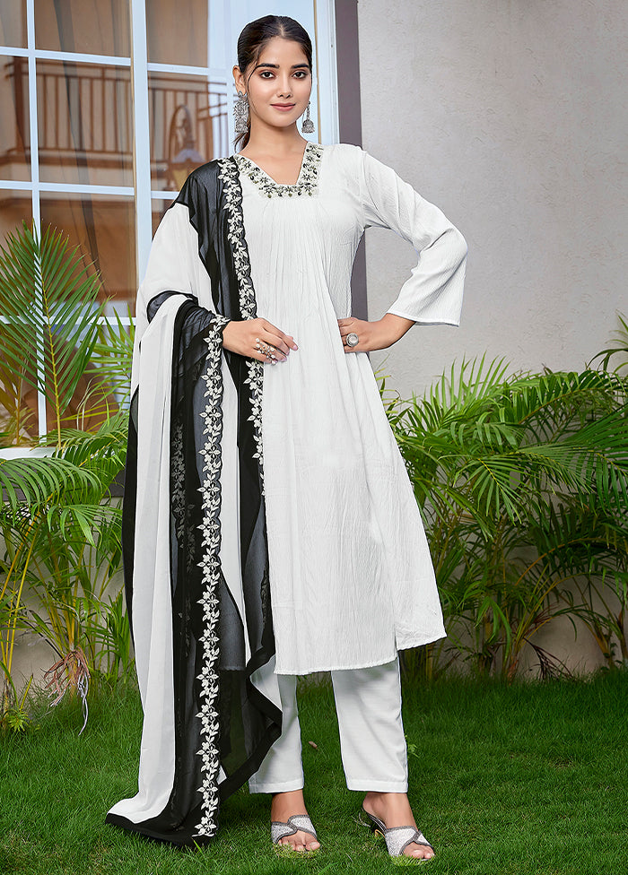 3 Pc White Readymade Viscose Dupatta Suit Set