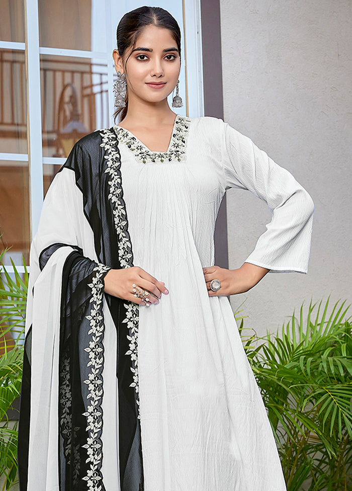 3 Pc White Readymade Viscose Dupatta Suit Set