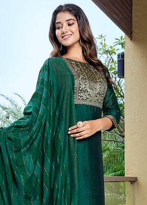 3 Pc Green Readymade Silk Dupatta Suit Set