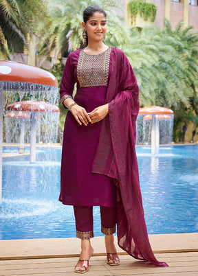 3 Pc Purple Readymade Silk Dupatta Suit Set