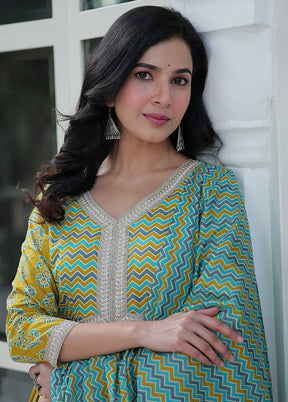 3 Pc Green Readymade Cotton Dupatta Suit Set