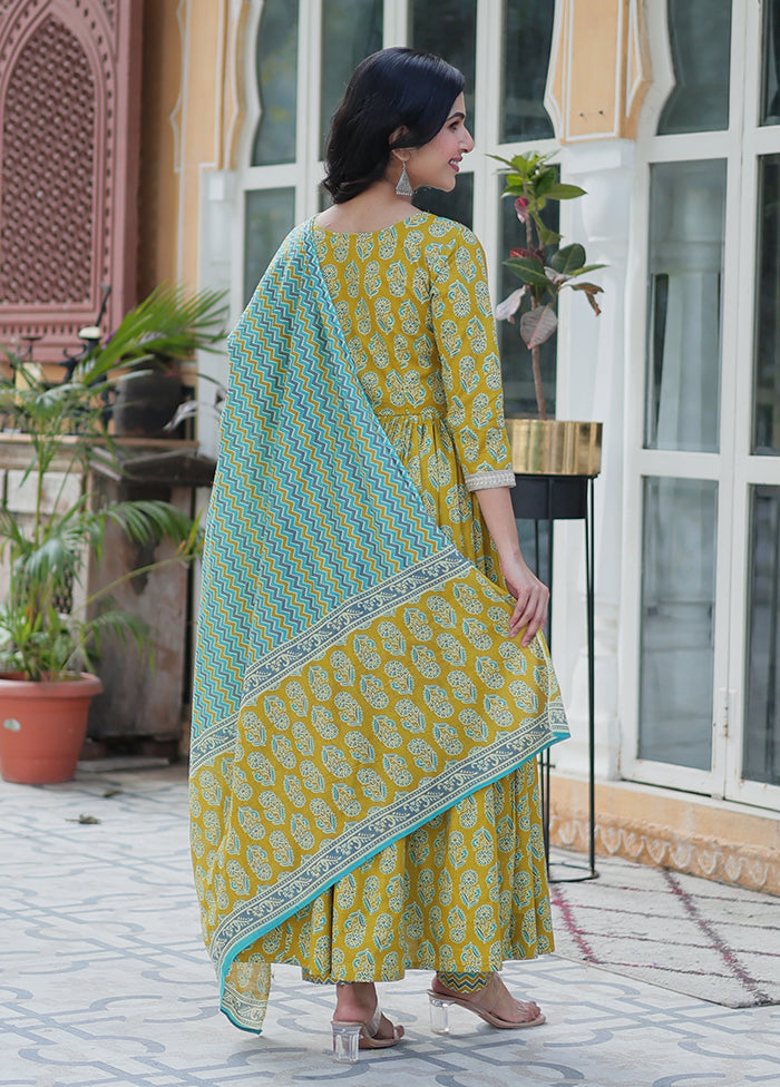 3 Pc Green Readymade Cotton Dupatta Suit Set