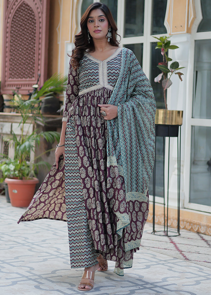 3 Pc Wine Readymade Cotton Dupatta Suit Set