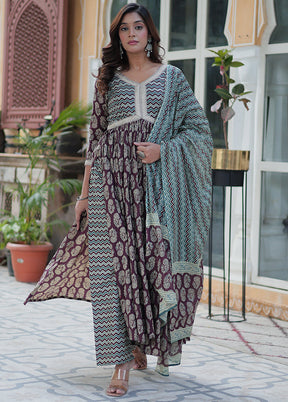 3 Pc Wine Readymade Cotton Dupatta Suit Set