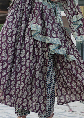 3 Pc Wine Readymade Cotton Dupatta Suit Set
