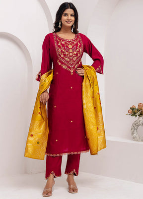 3 Pc Maroon Readymade Viscose Dupatta Suit Set