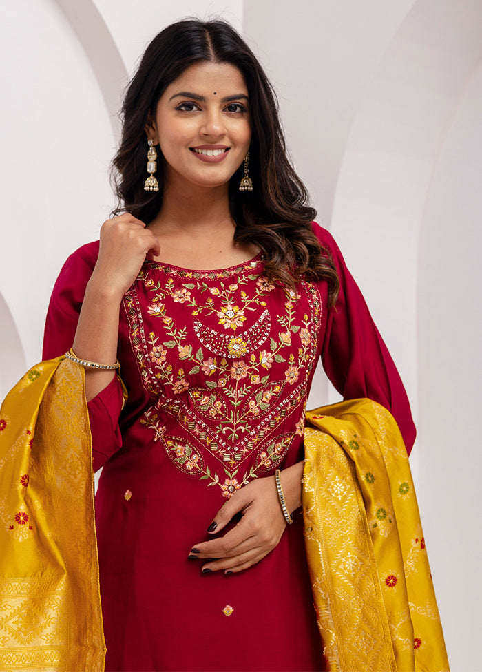 3 Pc Maroon Readymade Viscose Dupatta Suit Set