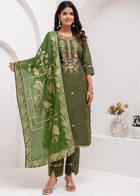 3 Pc Mehendi Readymade Viscose Dupatta Suit Set