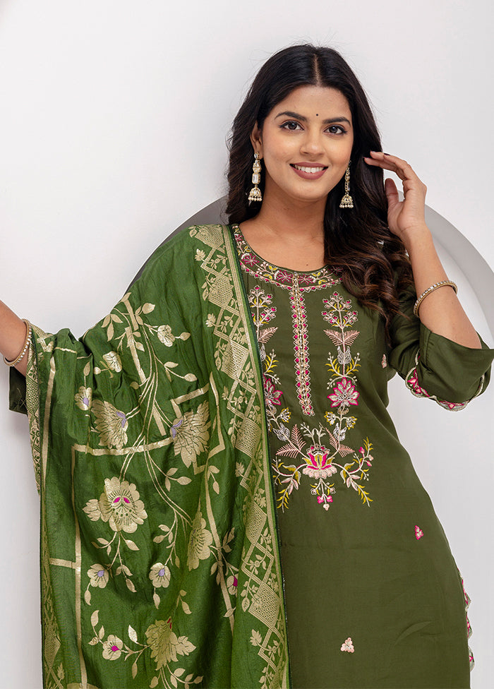 3 Pc Mehendi Readymade Viscose Dupatta Suit Set