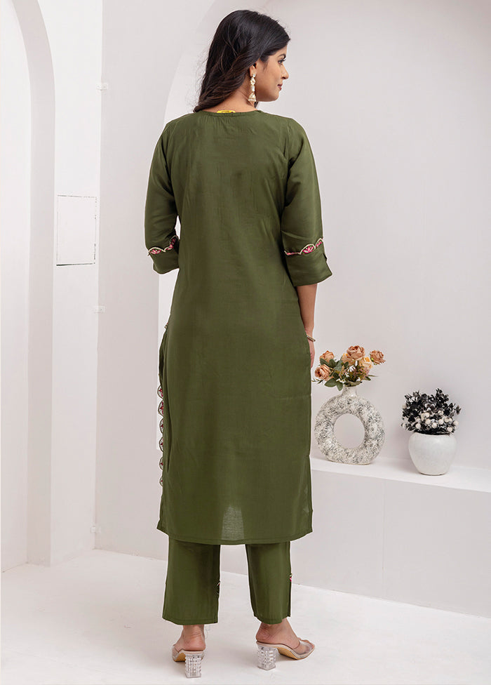 3 Pc Mehendi Readymade Viscose Dupatta Suit Set
