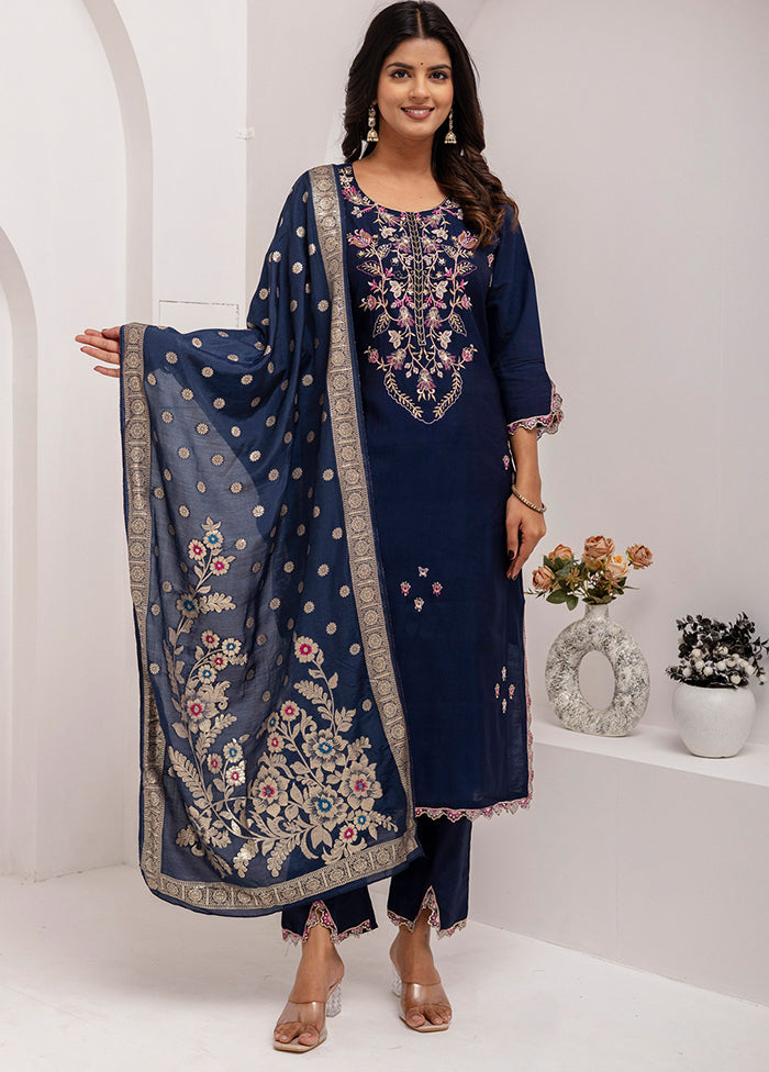 3 Pc Navy Blue Readymade Viscose Dupatta Suit Set