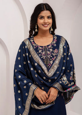 3 Pc Navy Blue Readymade Viscose Dupatta Suit Set