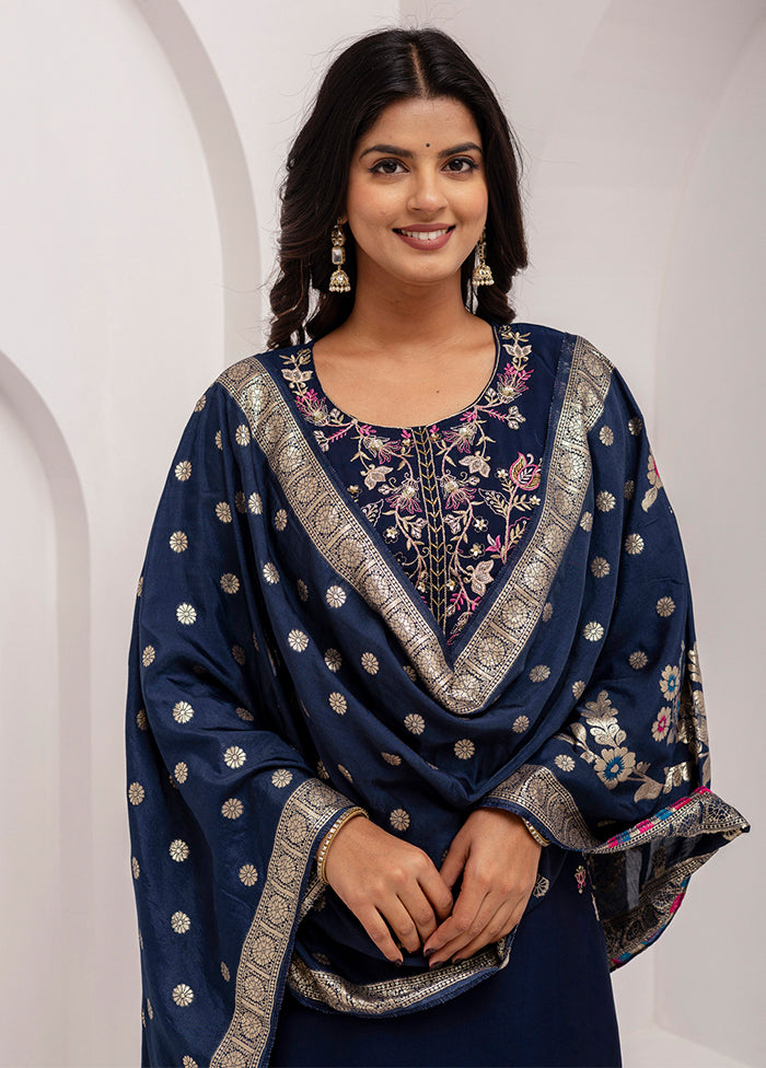 3 Pc Navy Blue Readymade Viscose Dupatta Suit Set