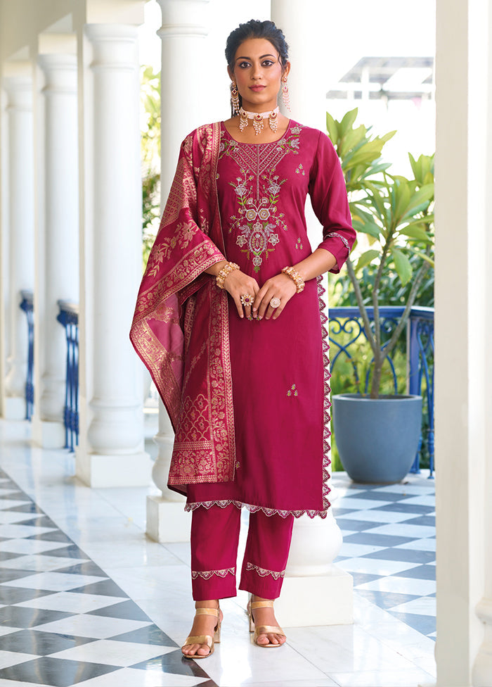 3 Pc Pink Readymade Viscose Dupatta Suit Set
