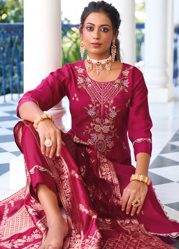 3 Pc Pink Readymade Viscose Dupatta Suit Set