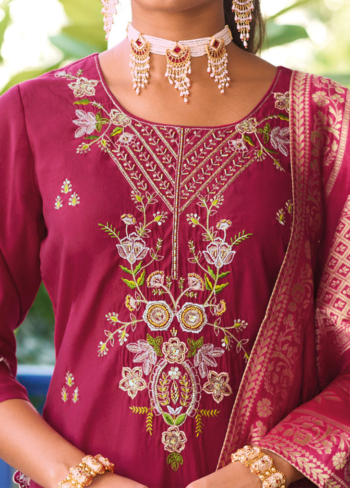 3 Pc Pink Readymade Viscose Dupatta Suit Set