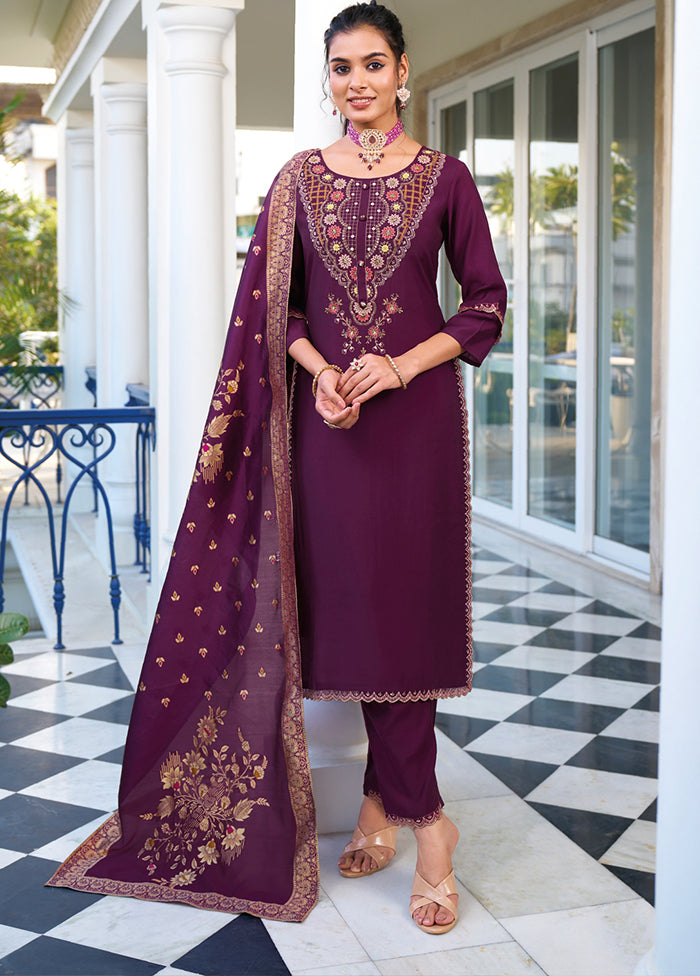 3 Pc Purple Readymade Viscose Dupatta Suit Set