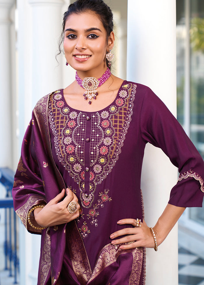 3 Pc Purple Readymade Viscose Dupatta Suit Set