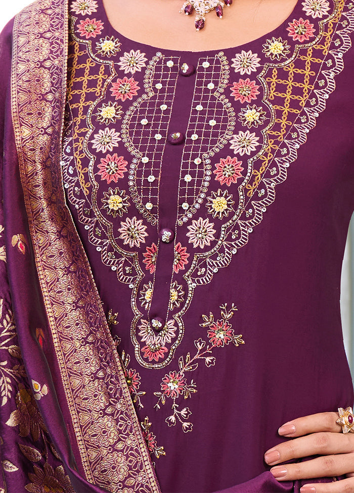 3 Pc Purple Readymade Viscose Dupatta Suit Set