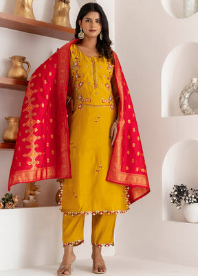 3 Pc Yellow Readymade Viscose Dupatta Suit Set