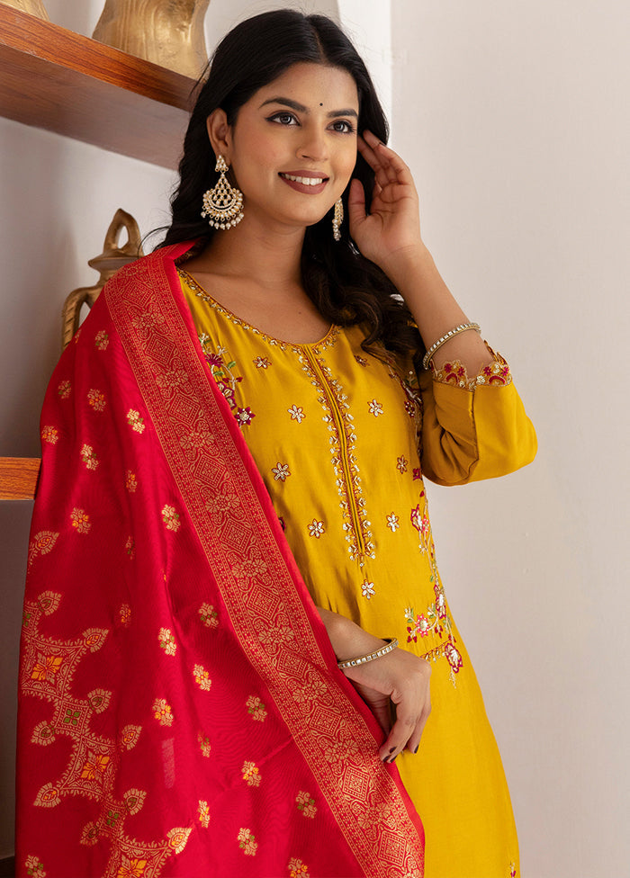 3 Pc Yellow Readymade Viscose Dupatta Suit Set