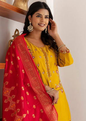 3 Pc Yellow Readymade Viscose Dupatta Suit Set