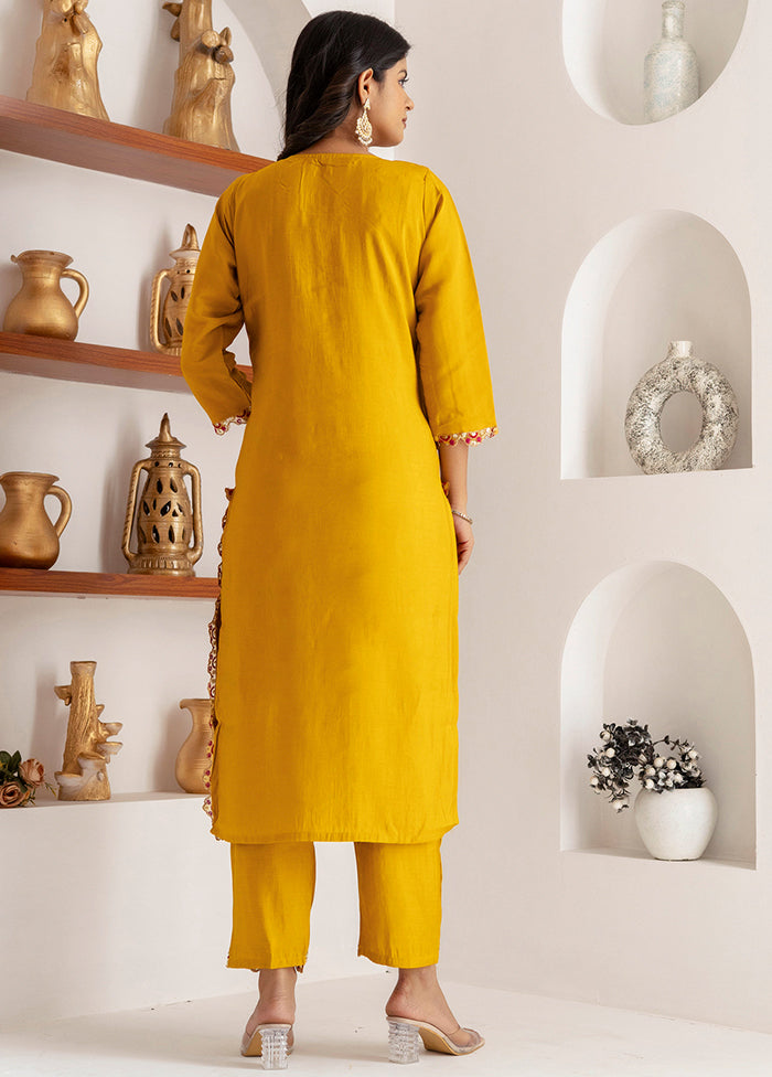 3 Pc Yellow Readymade Viscose Dupatta Suit Set