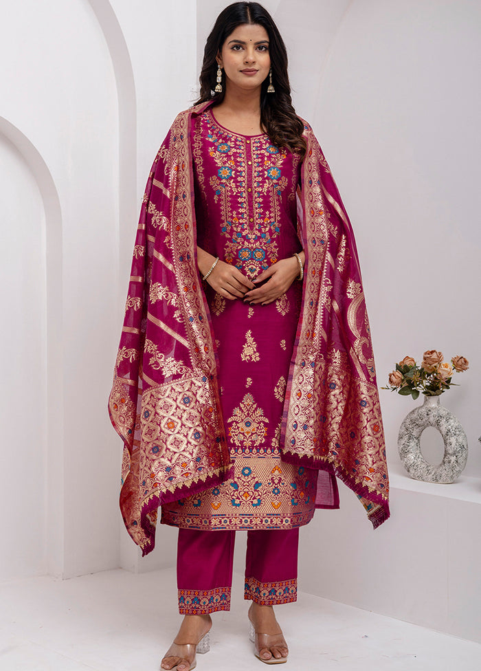3 Pc Purple Readymade Silk Dupatta Suit Set