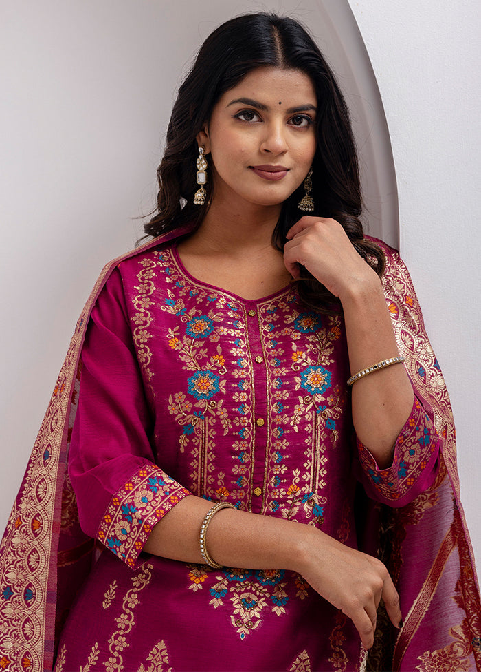 3 Pc Purple Readymade Silk Dupatta Suit Set
