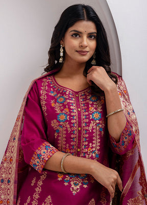 3 Pc Purple Readymade Silk Dupatta Suit Set