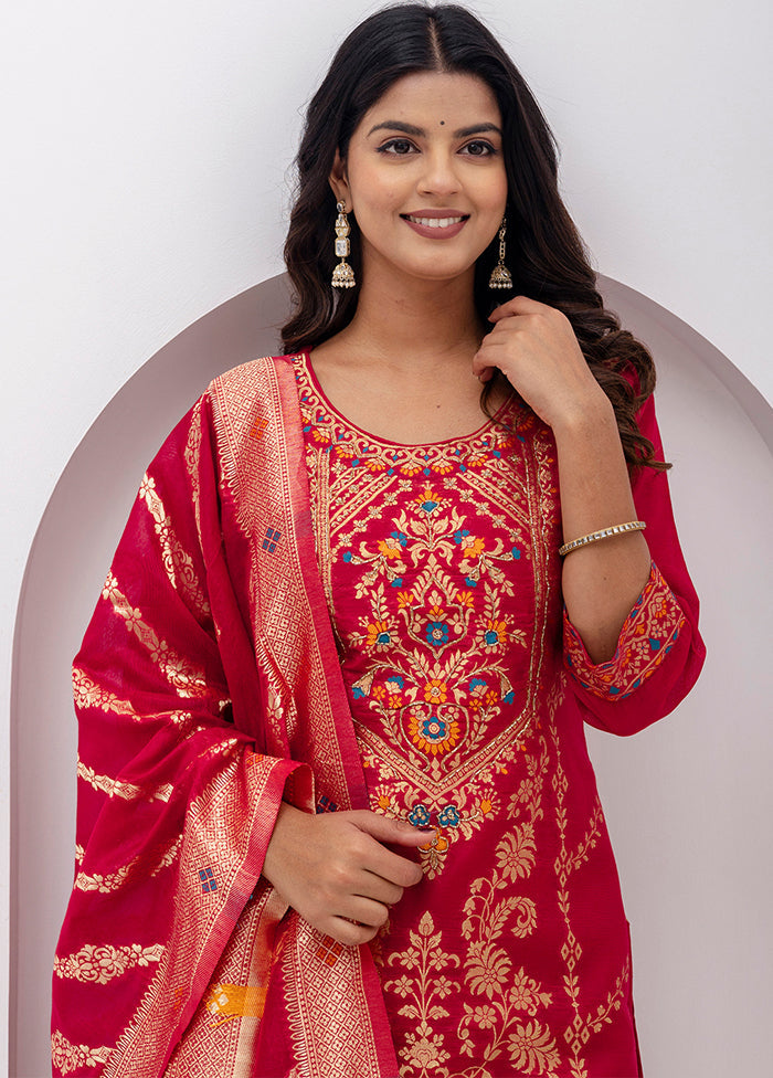 3 Pc Red Readymade Silk Dupatta Suit Set