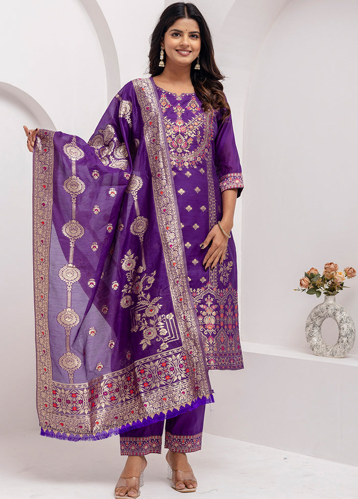 3 Pc Lavender Readymade Silk Dupatta Suit Set