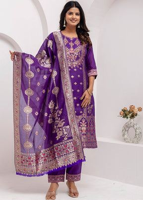 3 Pc Lavender Readymade Silk Dupatta Suit Set