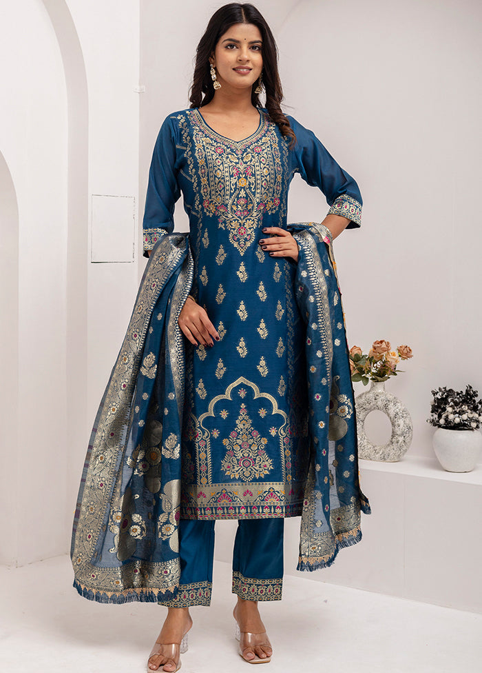 3 Pc Teal Blue Readymade Silk Dupatta Suit Set
