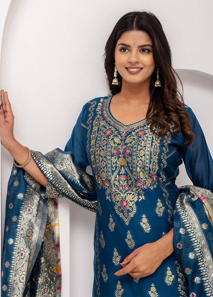 3 Pc Teal Blue Readymade Silk Dupatta Suit Set