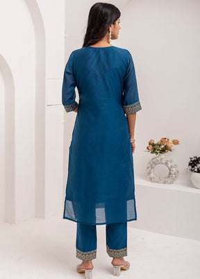 3 Pc Teal Blue Readymade Silk Dupatta Suit Set