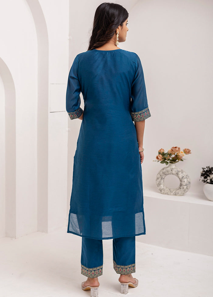 3 Pc Teal Blue Readymade Silk Dupatta Suit Set