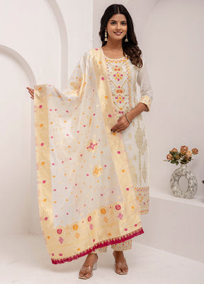 3 Pc White Readymade Silk Dupatta Suit Set
