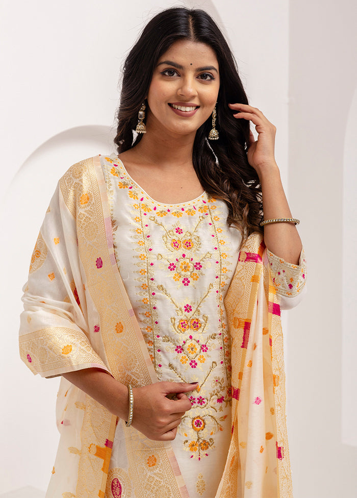 3 Pc White Readymade Silk Dupatta Suit Set
