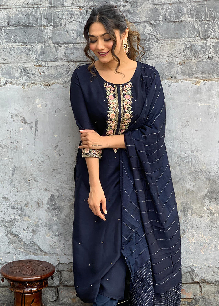 3 Pc Blue Readymade Viscose Dupatta Suit Set