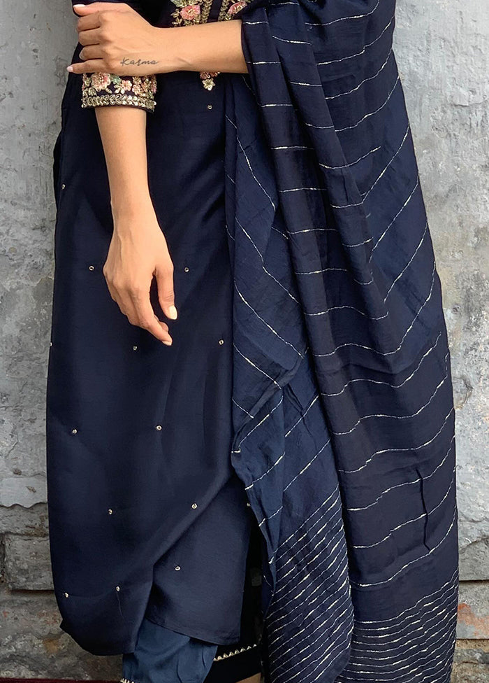 3 Pc Blue Readymade Viscose Dupatta Suit Set