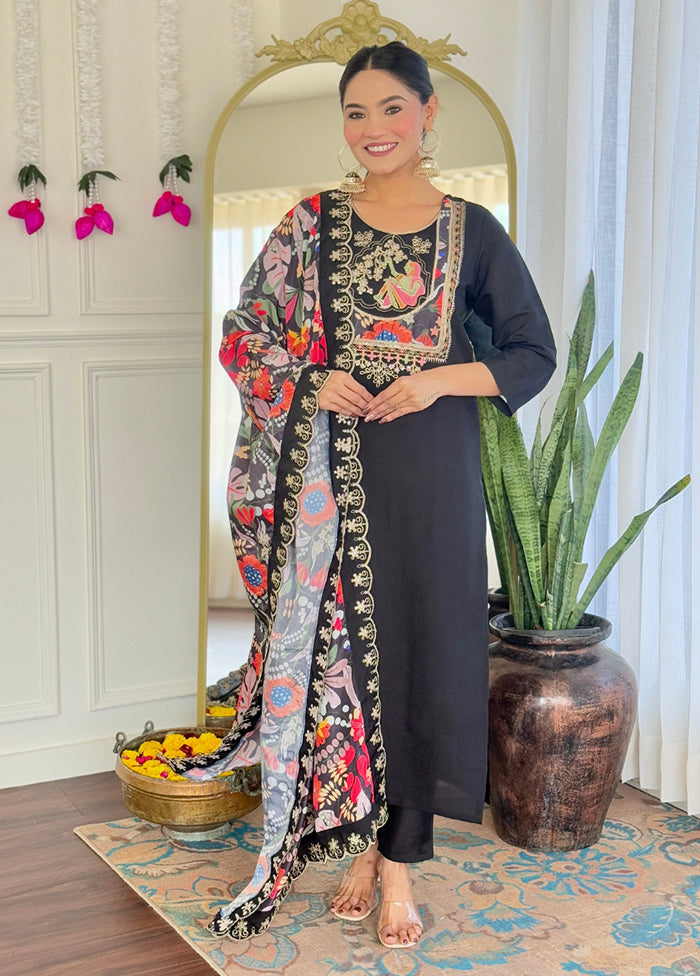 3 Pc Black Readymade Viscose Dupatta Suit Set