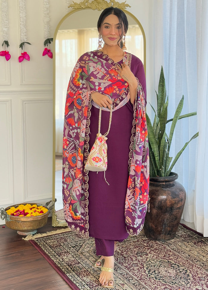 3 Pc Wine Readymade Viscose Dupatta Suit Set