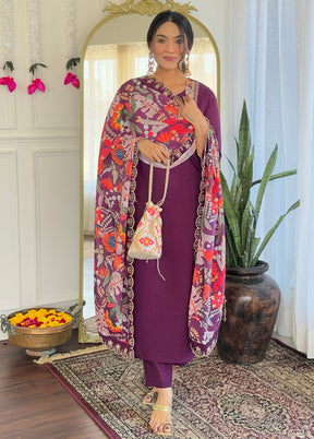 3 Pc Wine Readymade Viscose Dupatta Suit Set