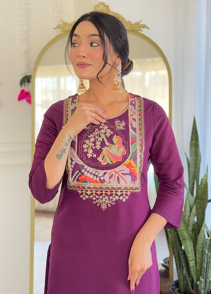 3 Pc Wine Readymade Viscose Dupatta Suit Set