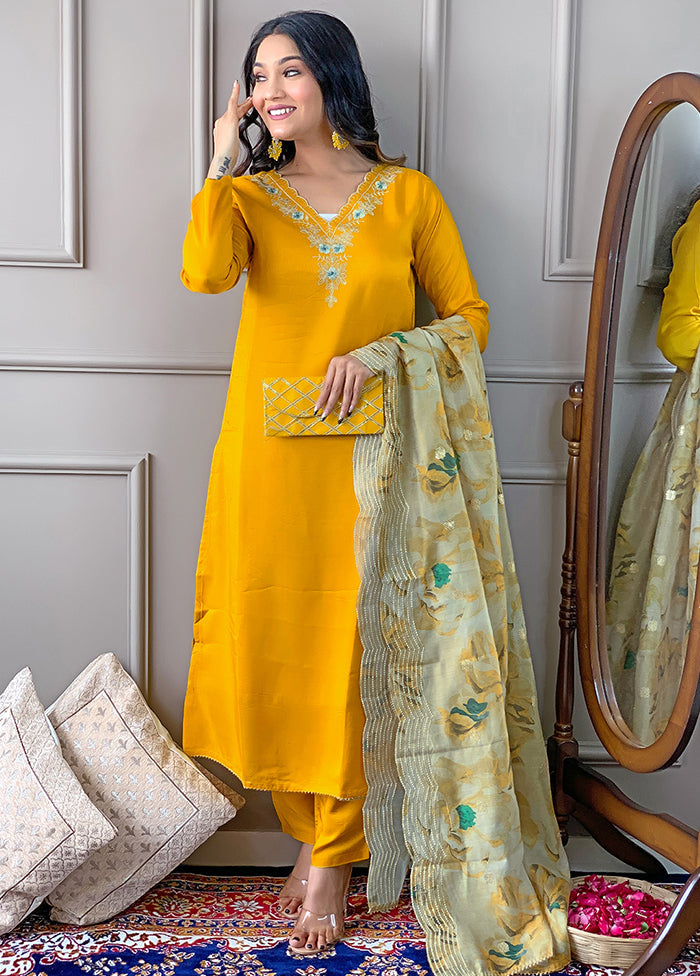 3 Pc Yellow Readymade Viscose Dupatta Suit Set