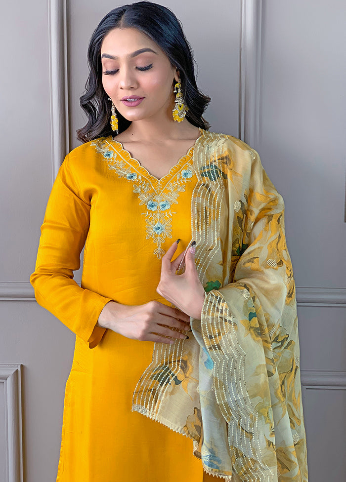 3 Pc Yellow Readymade Viscose Dupatta Suit Set