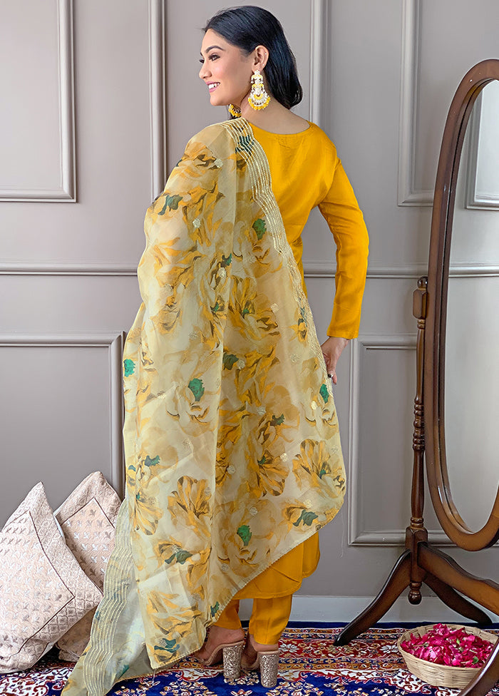 3 Pc Yellow Readymade Viscose Dupatta Suit Set