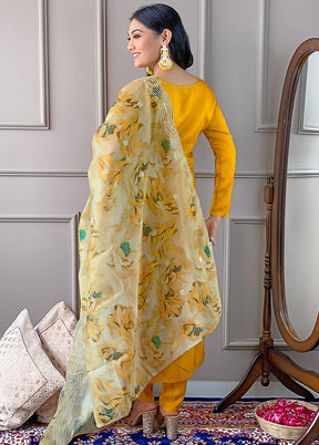 3 Pc Yellow Readymade Viscose Dupatta Suit Set